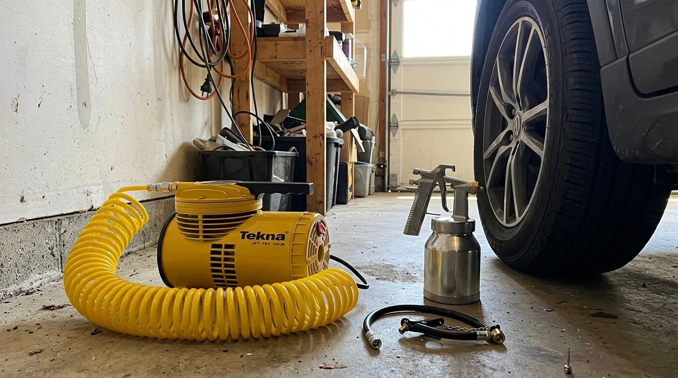 Compressor de ar portátil numa garagem ao lado de um pneu (cena ilustrativa)