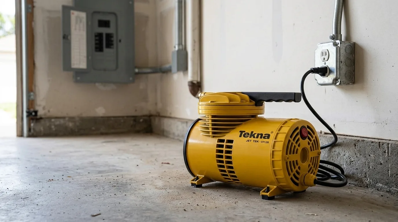 Compressor direto Tekna ao lado de uma tomada de garagem (cena ilustrativa a partir da foto do produto)