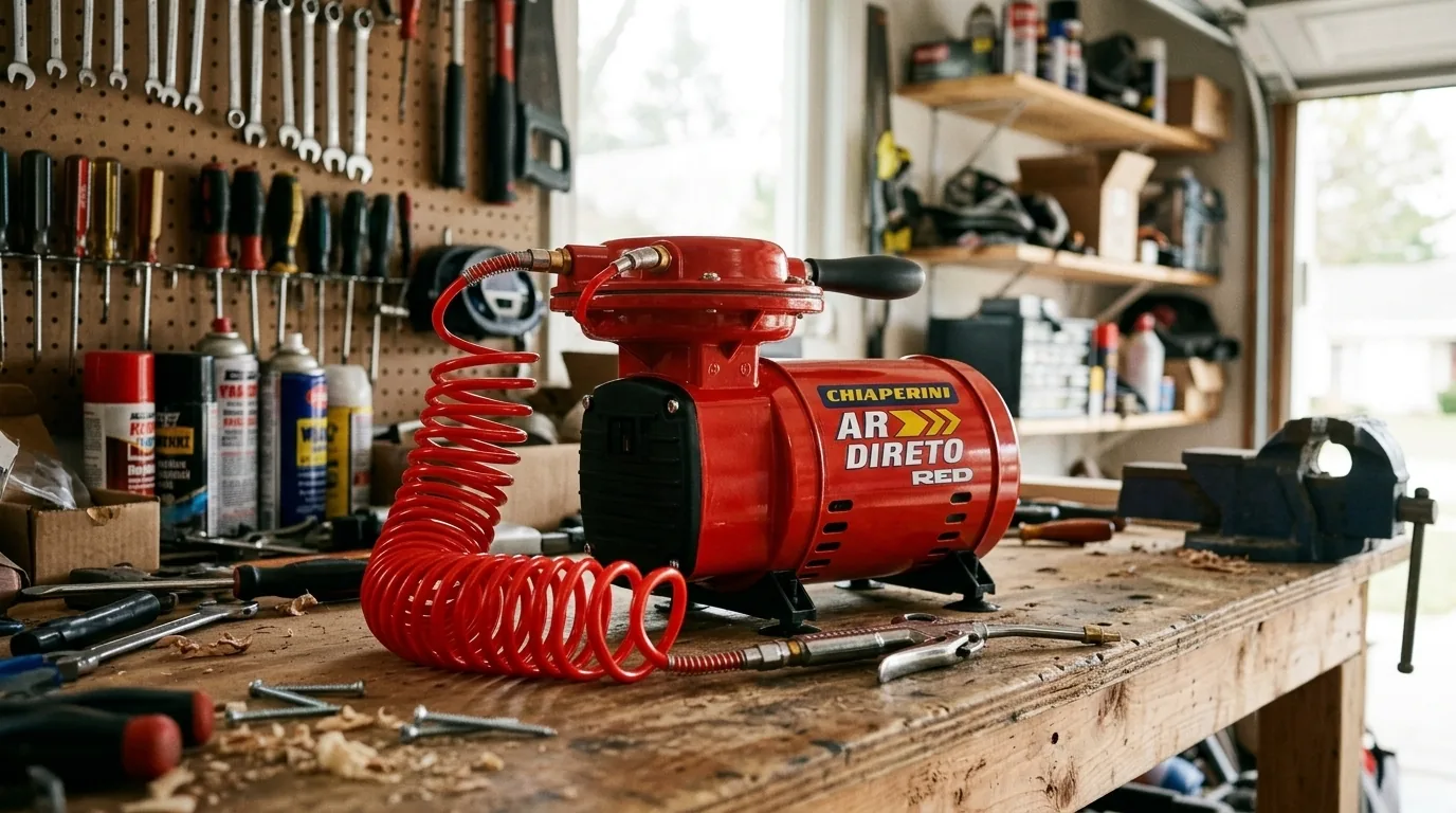 Motocompressor direto Chiaperini numa oficina doméstica (cena ilustrativa a partir da foto do produto)