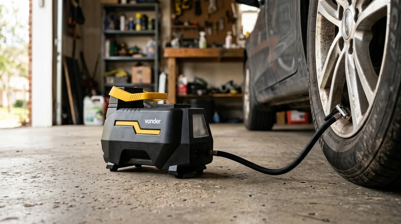 Compressor automotivo Vonder ligado ao pneu de um carro (cena ilustrativa a partir da foto do produto)