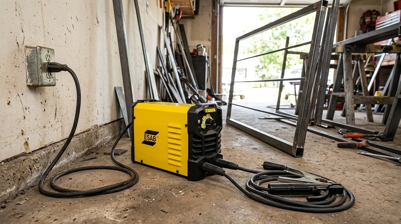Inversor de solda ESAB ligado numa tomada de garagem com portão de metalon (cena ilustrativa a partir da foto do produto)