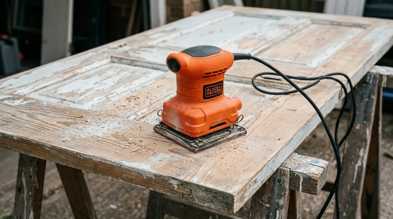 Lixadeira orbital Black+Decker sobre uma porta em cavaletes (cena ilustrativa a partir da foto do produto)
