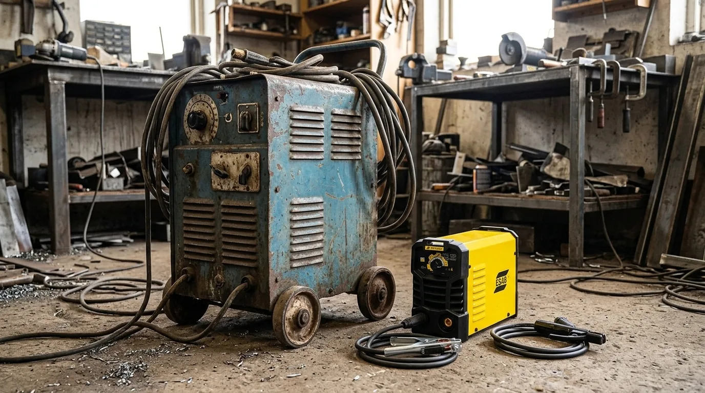 Inversor de solda ESAB compacto ao lado de uma máquina de solda antiga de transformador (cena ilustrativa a partir da foto do produto)