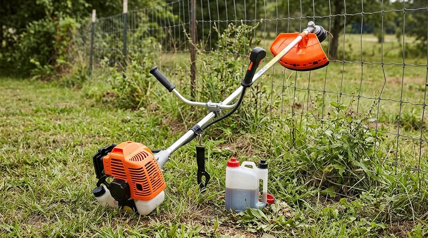 Roçadeira a gasolina Knakasaki num terreno com mato (cena ilustrativa a partir da foto do produto)