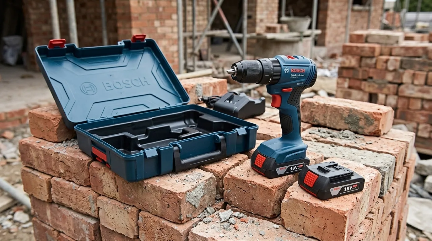 Parafusadeira de impacto Bosch 18V com duas baterias numa obra (cena ilustrativa a partir da foto do produto)