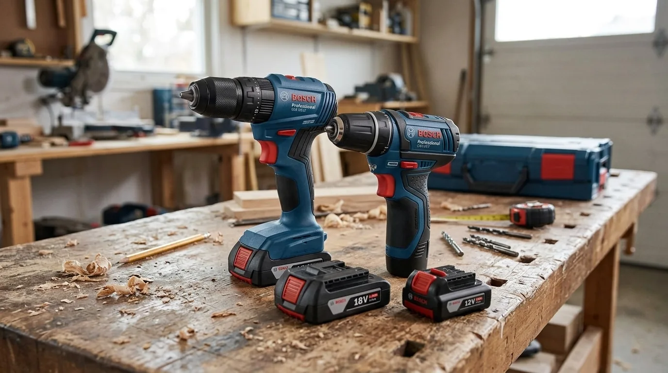 Parafusadeira 18V Bosch ao lado de uma 12V (cena ilustrativa a partir da foto do produto)
