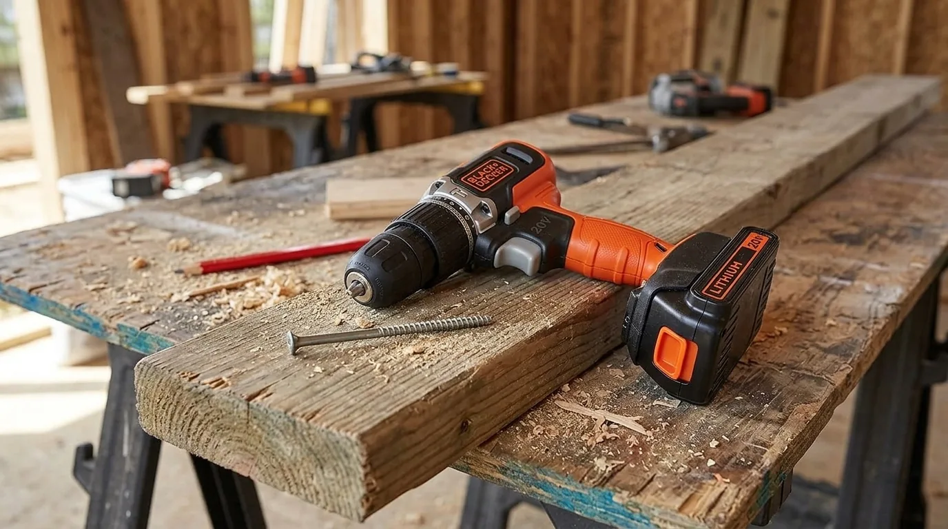Parafusadeira de impacto Black+Decker 20V sobre um caibro (cena ilustrativa)