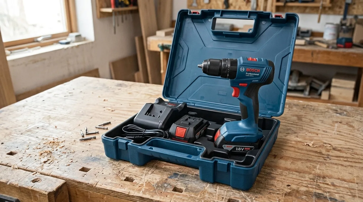 Parafusadeira Bosch 18V com duas baterias e carregador na maleta (cena ilustrativa)